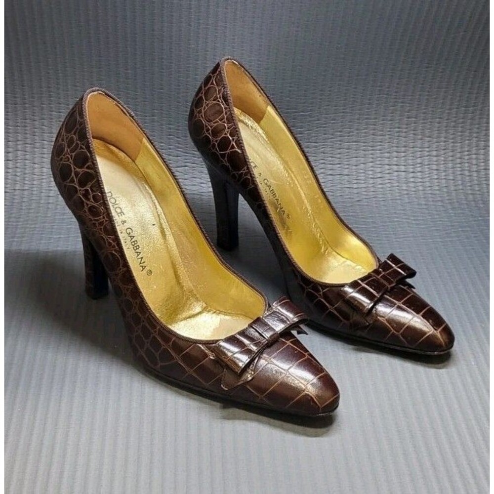 Dolce & Gabbana Croc Embossed Leather Bow Accents PumpsWomen's Size 38.5